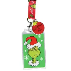 The Grinch Lanyard Badge Holder With Grinch Card and 2" Naughty Or Nice Rubber Ornament Pendant Red