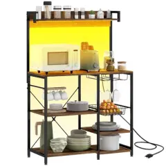LIVAREEmlen Baker's Rack with Power Outlet & LED Lights, for Kitchens with Storage, Industrial Microwave Stand with Glass Holders, Metal Basket