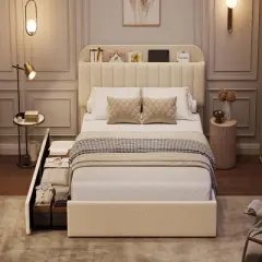 Twin XL Bed Frame with Storage Headboard, Girls Bed Frame with 2 Drawers, Boucle Upholstered Platform Bed with Bookcase, No Box Spring Needed