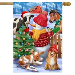 Barnyard Snowman Christmas House Flag Dog Horse Cow Calf 28" x 40" Briarwood Lane