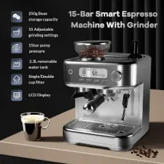 15 Bar Espresso Machine Semi-Automatic Coffee Maker With Grinder & LCD Display & Water Tank & Frother Steam Wand & Container