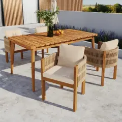 Christopher Knight Home Corin Elara 5 Piece Patio Acacia Wood Woven Rope Dining Set with Slatted Table and Cushions