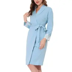 cheibear Womens Robe Knit Lace Trim Lounge Sleepwear Long Sleeve Bathrobe