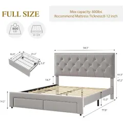Bed Frame with 2 Storage Drawers, Vintage Velvet Upholstered Bedframe with Wooden Slat Support and Button Tufted Wingback Headboard
