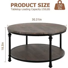 Round Coffee Table Rustic Center Table with Storage Shelf 2-Tier