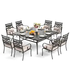 Captiva Designs 9pc Spacious Slat-top Square Metal Table with Umbrella Hole & Fixed Metal Chairs with Cushions