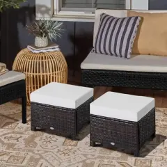 Outsunny 2 Pc 20" Outdoor PE Rattan Wicker Ottoman, Fade-Resistant Patio Footrest with Soft Cushion, Steel Frame, Dark Brown, White