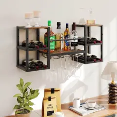 Costway 3-Tier Wall Mounted Wine Rack with Glass Holder Open Shelf Wine Storage Rack Brown