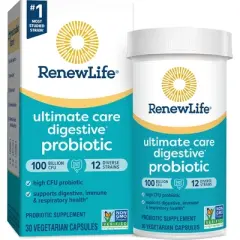 Renew Life Adult Ultimate Care Probiotic, 100 Billion CFU Per Capsule, 12 Strains, Potent Shelf Stable Probiotic; Gluten, Dairy, Soy Free; 30 Capsules
