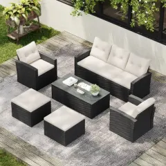 6 Piece Wicker Patio Furniture Sets,Sectional Sofa Set with Coffee Table,Modern Outdoor Garden Sofa Set with Ottomans and Cushions-Coolbibila