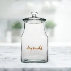 Amici Pet "Stay Wild" Glass Canister Square Jar, Dog and Cat Food Storage Container, Food Safe, Airtight Lid with Handle and Plastic Gasket, 52 oz.
