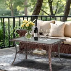 VINGLI Outdoor Coffee Table with Storage Wicker Patio Coffee Table, Tempered Glass Top Coffee Table for Patio Outside Balcony Porch Deck (Brown)