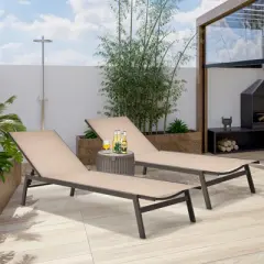 Tangkula 2PC Patio Chaise Lounger with 6-Postion Adjustable Backrest and Breathable Fabric Brown