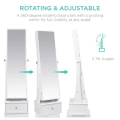Best Choice Products 360 Swivel Standing Mirrored Jewelry Cabinet, LED-Lit Makeup Organizer w/ Mirror - White