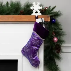 Northlight 20" Purple and Silver Glittered Floral Christmas Stocking with Shadow Velveteen Cuff