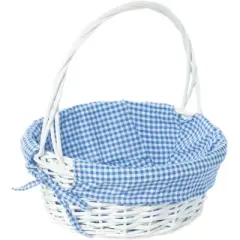 Traditional White Round Willow Gift Basket with Gingham Liner and Sturdy Foldable Handles, Food Snacks Storage Basket