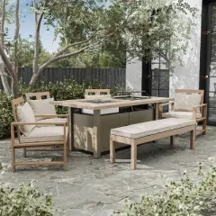 Greemotion 6pc Bordeaux Outdoor Patio Firepit Dining Set with Cooler Insert Brown