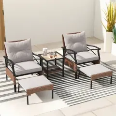 Tangkula 5PCS Wicker Patio Furniture Set Rattan Chairs w/ 2-Tier Tempered Glass Side Table