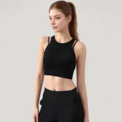 Anna-Kaci Active Women's Ribbed High Neck Crop Top with Double Strap Detail