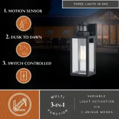 VAXCEL Lombard 4.75-in. 1 Light Black Motion Sensor Dusk to Dawn Outdoor Wall Lantern Clear Glass