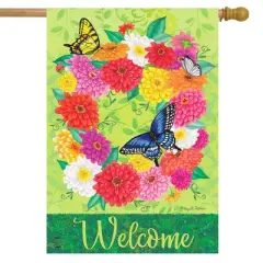 Zinnia Wreath Spring House Flag Welcome Floral 28" x 40" Briarwood Lane