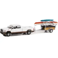 2022 Ram 2500 Ltd Longhorn Truck Bright White & Walnut Brown & Trailer w/Rack Canoe & Kayak 1/64 Diecast Model Car by Greenlight