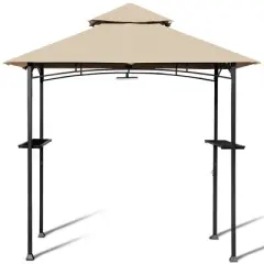 Costway 8' x 5' Outdoor Patio Barbecue Grill Gazebo w/ LED Lights 2-Tier Canopy Top Tan