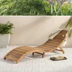 Chaise Lounge Chair Wood Frame with Foldable Design, Curved Slatted Outdoor Lounge for Patio Relaxation-The Pop Home