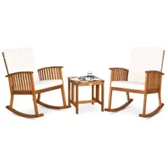 Costway 3 Pieces Acacia Wood Rocking Bistro Set with Coffee Table and Cushions for Lawn