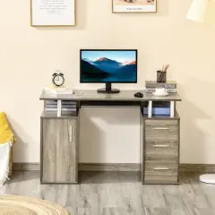 HOMCOM 47" Computer Desk with Keyboard Tray and Storage Drawers, Home Office Workstation Table with Storage Shelves
