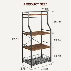 Bakers Rack, Microwave Oven Stand with Large Wire Basket, 4-Tier Kitchen Utility Storage Shelf with 8 Hooks for Spice, Pots Organizer