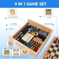 GSE Wooden 9-in-1 Chess, Checkers, Backgammon, Dominoes, Chinese Checkers, Tic-Tac-Toe, Ludo, Playing Cards & Poker Dice Game Combo Set