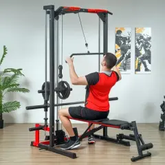 Soozier Multi-Function Smith Machine Power Rack with Pull Up Bar, Lat Pull Down System, Landmine, Squat Rack, Barbell Bar, for Home Gym