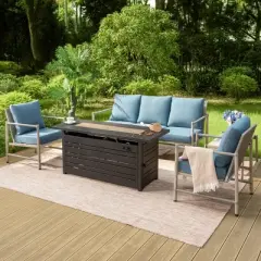 Captiva Designs Coastal 4pc Patio Steel and Rattan Fire Pit Set with Cushions