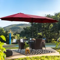 Gulches 15*9ft Large Double,Sided Rectangular Outdoor Twin Patio Market Umbrella with light and base,red