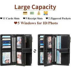 Ladies' Large Capacity Credit Card Wallet with RFID Theft Protection Double-Zip Pocket Genuine Leather Bifold Wallet Wristlet Clutch Bag