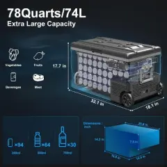 12 Volt Car Fridge,80 quarts(75L)APP control refrigerator,-4℉-68℉,Fast cooling(MAX/ECO),H/M/L 3-level low-voltage protection,Retractable Handle