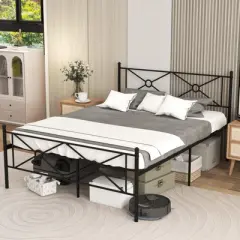Costway Full/Queen Size Metal Platform Bed Frame w/ Headboard Mattress Foundation