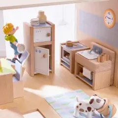 HABA Little Friends Kitchen Room Set - Wooden Dollhouse Furniture for 4" Bendy Dolls