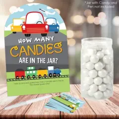 Big Dot of Happiness Cars, Trains, and Airplanes - How Many Candies Transportation Birthday Party Game - 1 Stand and 40 Cards - Candy Guessing Game