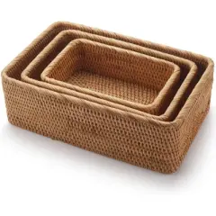 BRINJOY 3-Piece Stackable Rattan Basket Set - Natural Woven Storage Baskets for Fruits, Keys, Remotes (11.8", 9.8", 7.9")