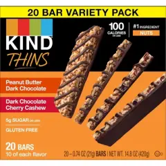 KIND Thins Peanut Butter Dark Chocolate & Dark Chocolate Cherry Cashew Bars Variety Pack &ndash; 20ct