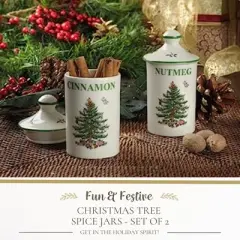 Spode Christmas Tree Spice Jars - Set of 2 Porcelain Jars for Cinnamon & Nutmeg, 4.5 Inch Seasoning Storage Jars, Beautiful Festive Kitchen D&eacute;cor