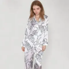 Anna-Kaci Lounge Women's Cheetah Print Woven Pajama Set with Long Sleeve Button Down Top and Relaxed Fit Straight Leg Pants