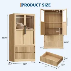 Bedroom Wooden Armoire Wardrobe Closet, Freestanding Wardrobe Armoire Cabinet with Glass/Wood Doors and 2 Drawers, Shelves & Hanging Rod