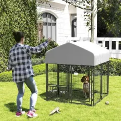 PawHut Outdoor Dog Kennel, Welded Wire Dog Run with 360&deg; Rotating & 4 Levels Adjustable Bowls, Waterproof & UV Resistant Cover, 3.9' x 3.9' x 4.5'