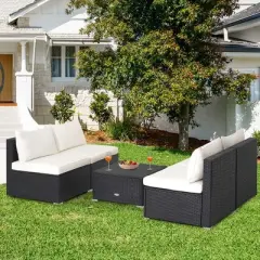 Tangkula 5PCS Patio Outdoor Rattan Sofa Conversation Set w/ Seat & Back Cushions Off White