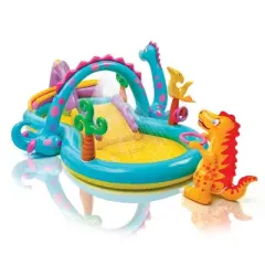 Intex Dinoland Backyard Kiddie Inflatable Swimming Pool and Inflatable Ocean Play Center Pool with Slides, Water Sprayers, Toys, and Games