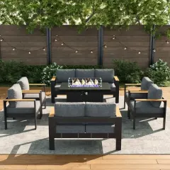 LayinSun 7 Pieces Aluminum Outdoor Patio Furniture Set with Fire Pit Table, Outside Metal Patio Conversation Sets with Deep Seating and Thick Cushions