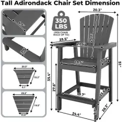 Acekool Recycled Poly Adirondack Bar Chair Set - 4 Weatherproof Tall Chairs with 2 Connecting Trays,Grey